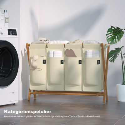 AdelDream Wäschekorb 4 Fächer,200 L Bambus laundry baskets X-förmige Bambusregale Beige