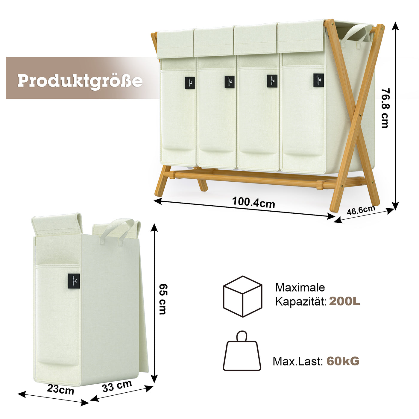 AdelDream Wäschekorb 4 Fächer,200 L Bambus laundry baskets X-förmige Bambusregale Beige