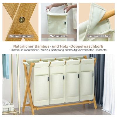 AdelDream Wäschekorb 4 Fächer,200 L Bambus laundry baskets X-förmige Bambusregale Beige