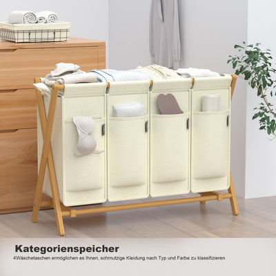 AdelDream Wäschekorb 4 Fächer,200 L Bambus laundry baskets X-förmige Bambusregale Beige