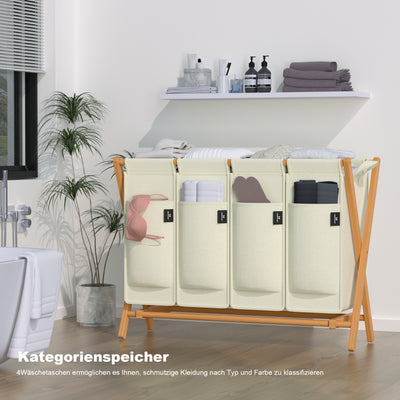AdelDream Wäschekorb 4 Fächer,200 L Bambus laundry baskets X-förmige Bambusregale Beige