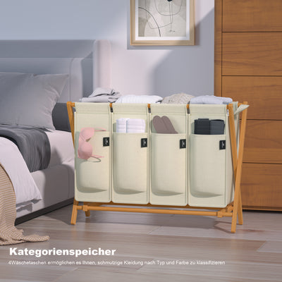 AdelDream Wäschekorb 4 Fächer,200 L Bambus laundry baskets X-förmige Bambusregale Beige