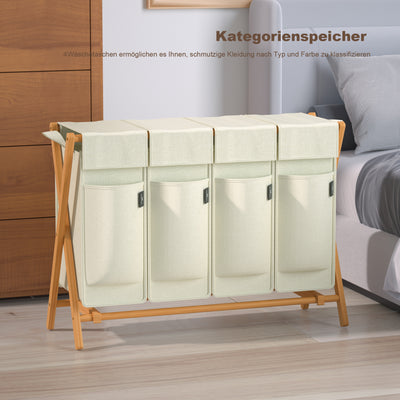 AdelDream Wäschekorb 4 Fächer,200 L Bambus laundry baskets X-förmige Bambusregale Beige