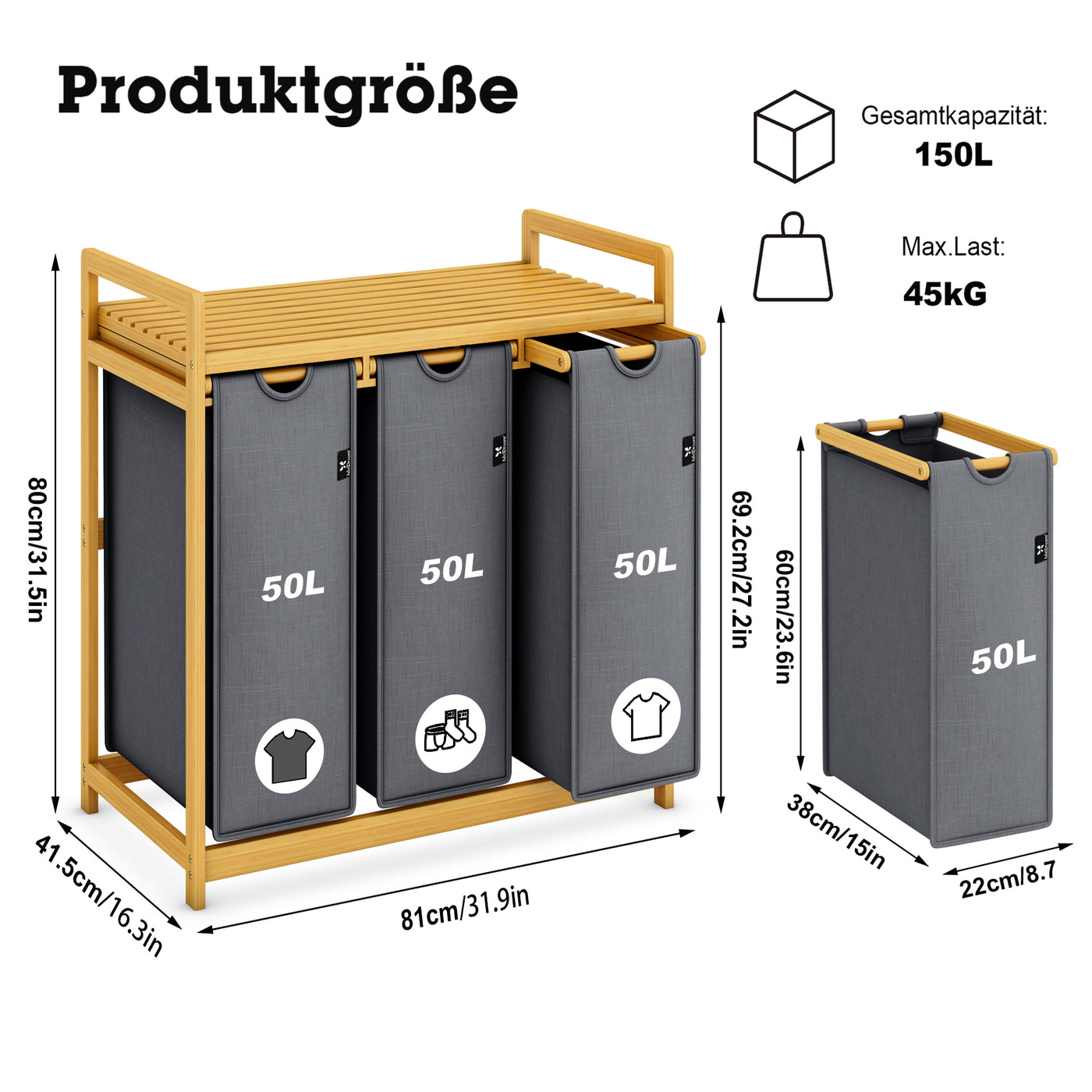 AdelDream150L Wäschekorb, 3 abnehmbare Schichten, Korb ziehen