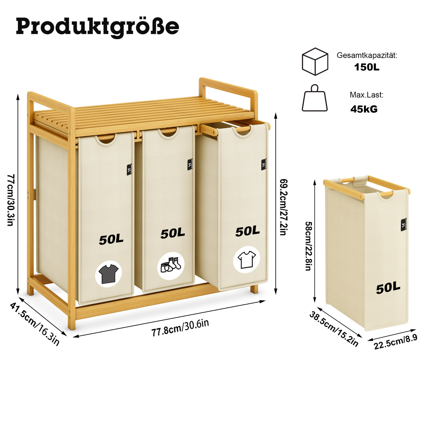 AdelDream 150L Wäschekorb, 3 abnehmbare Schichten, Korb ziehen