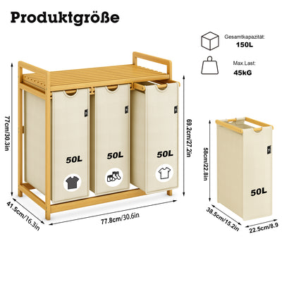 AdelDream 150L Wäschekorb, 3 abnehmbare Schichten, Korb ziehen