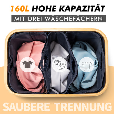 AdelDream 160L Wäschekorb mit 3 Fächern und Deckel