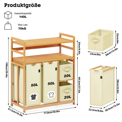 AdelDream Wäschekorb 4 Fächer 2 Regale Wäschesammler 140L Wäscheboxen Mit Korb Wäschesortierer mit 2 Wäschesäcken & 2 Stoffboxen Wäschesack Bambus Wäscheregal Wäschebox Laundry basket