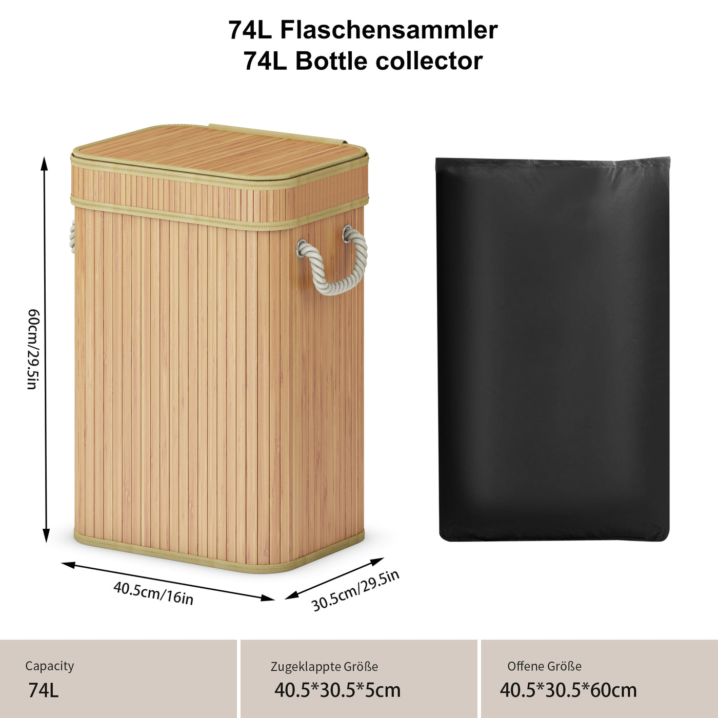 AdelDream 74L Pfandflaschen Sammelbehälter mit Deckel Behälter Leergut & Altglas Aufbewahrung Groß Pfandflaschen Aufbewahrung Flaschensammler mit Küche Abstellraum Flaschentasche