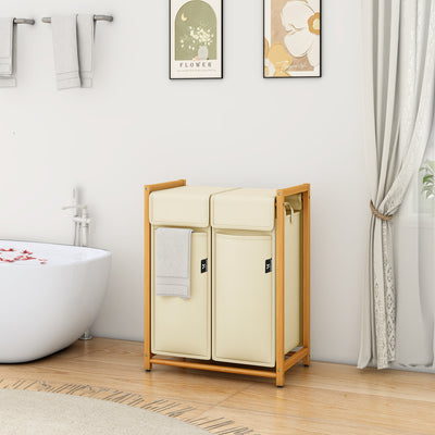 AdelDream Wäschekorb Kleidersortierer 2 Fächer Wäschewagen mit abnehmbaren Taschen Kleidersammler Bambus 100L