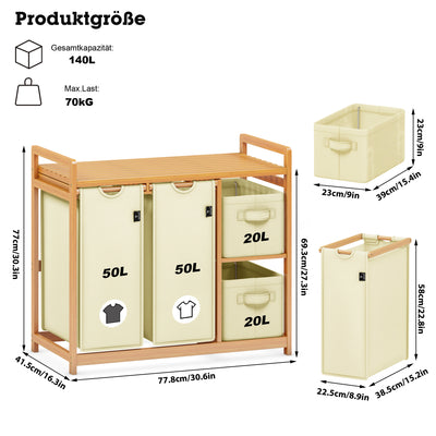 AdelDream Wäschekorb 4 Fächer Wäschesammler 140L Wäscheboxen Mit Korb Wäschesortierer mit 2 Wäschesäcken & 2 Stoffboxen mit Ablage Wäschesack Bambus Wäscheregal Wäschebox Laundry
