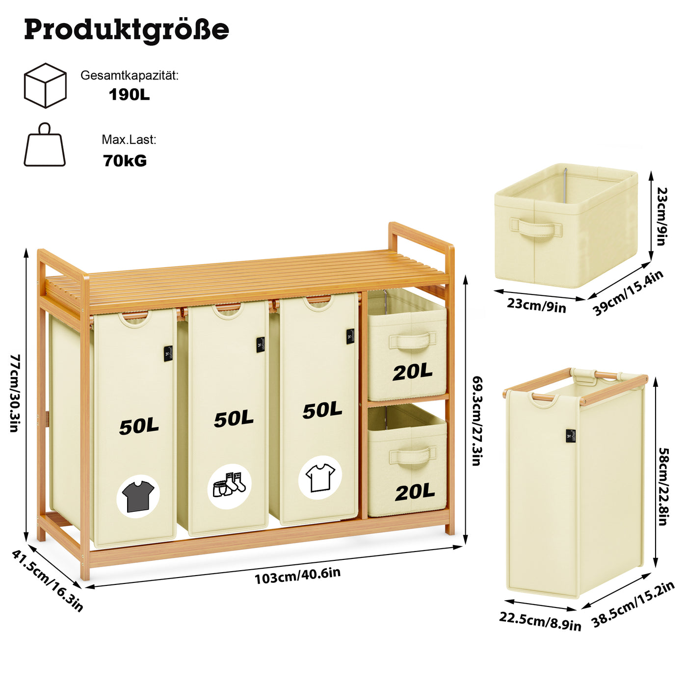 AdelDream Wäschekorb 5 Fächer Wäschesammler 190L Wäscheboxen Mit Korb Wäschesortierer mit 3 Wäschesäcken & 2 Stoffboxen mit Ablage Wäschesack Bambus Wäscheregal Wäschebox Laundry basket