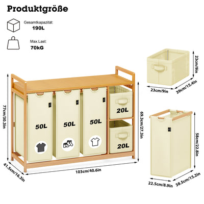 AdelDream Wäschekorb 5 Fächer Wäschesammler 190L Wäscheboxen Mit Korb Wäschesortierer mit 3 Wäschesäcken & 2 Stoffboxen mit Ablage Wäschesack Bambus Wäscheregal Wäschebox Laundry basket