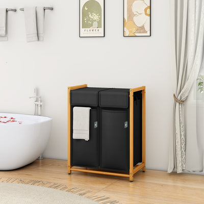 AdelDream Wäschekorb Kleidersortierer 2 Fächer Wäschewagen mit abnehmbaren Taschen Kleidersammler Bambus 100L