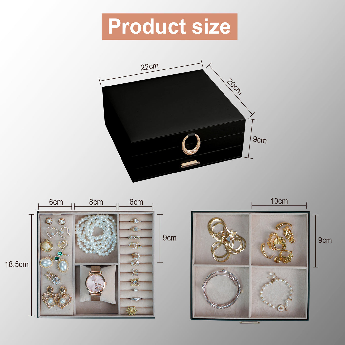 AdelDream 2-stöckig Schmuckkästchen Schmuckaufbewahrung mit ausziehbarem Tablett Schmuck Organizer mit großem Spiegel mit DIY-Struktur