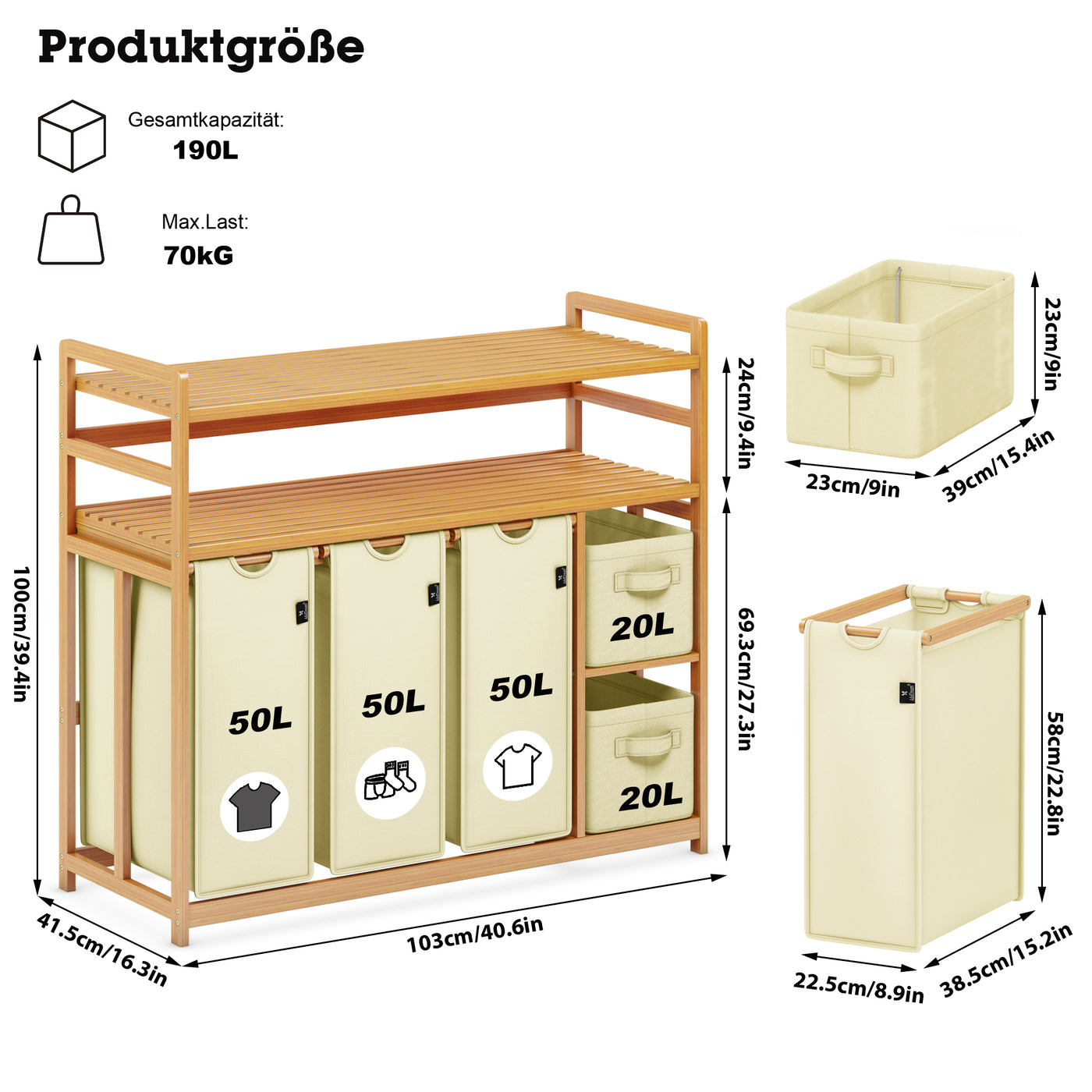 AdelDream Wäschekorb 5 Fächer 2 Regale Wäschesammler 190L Wäscheboxen Mit Korb Wäschesortierer mit 3 Wäschesäcken & 2 Stoffboxen Wäschesack Bambus Wäscheregal Wäschebox Laundry basket