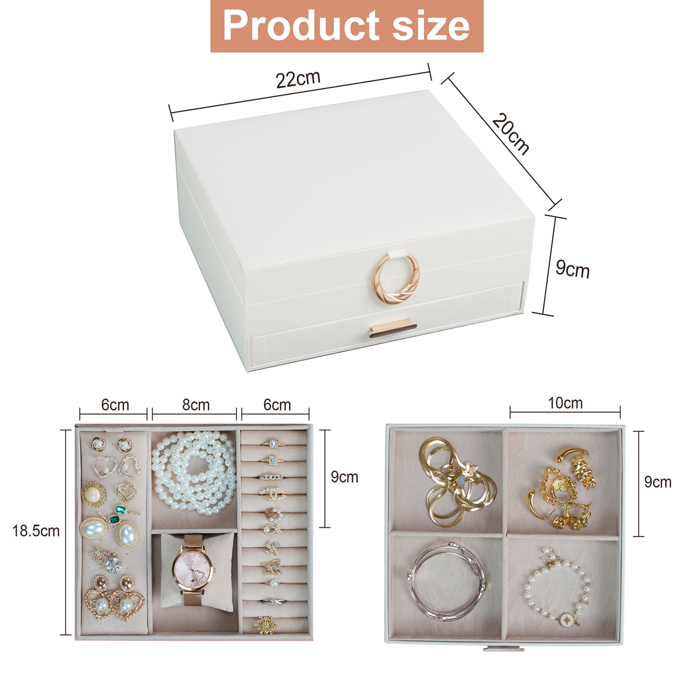 AdelDream 2-stöckig Schmuckkästchen Schmuckaufbewahrung mit ausziehbarem Tablett Schmuck Organizer mit großem Spiegel mit DIY-Struktur