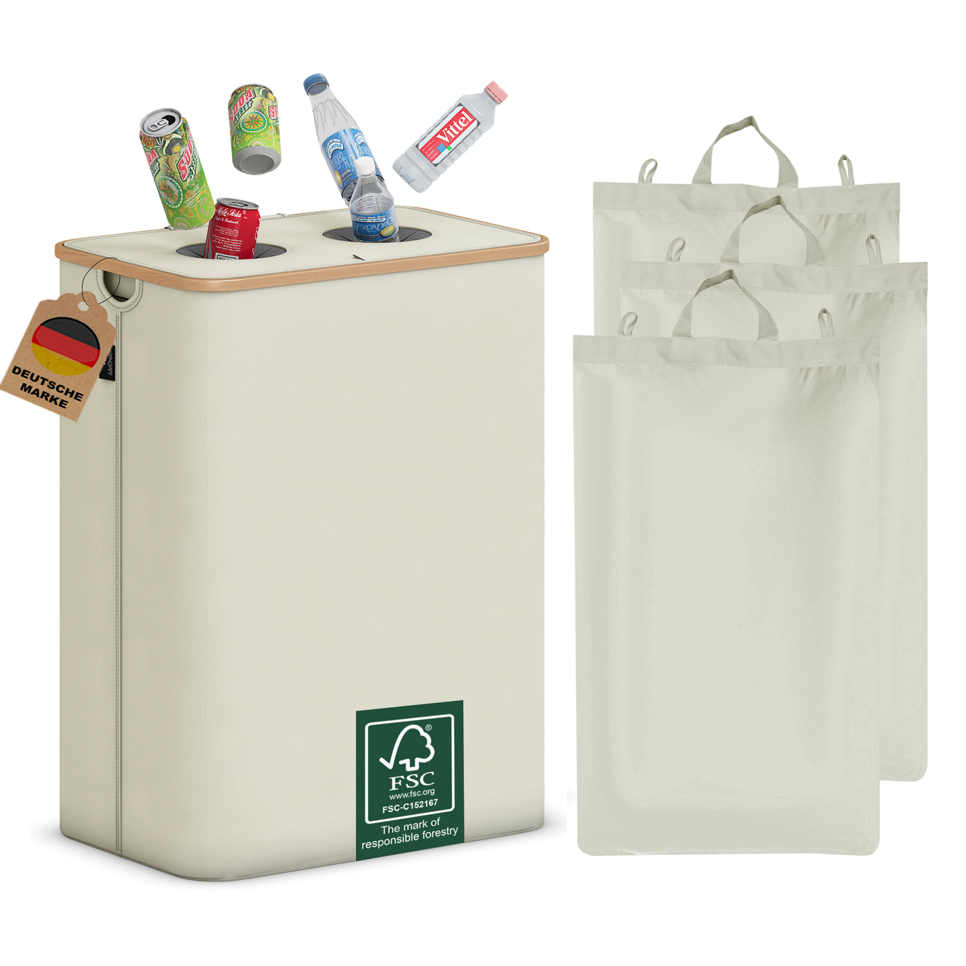 Adeldream 140L 2 Fächer Pfandflaschen Sammelbehälter Groß Pfandflaschen Aufbewahrung Behälter Leergut & Altglas Aufbewahrung Softgrip-Griffen Flaschensammler mit Loch Küche Abstellraum Beige