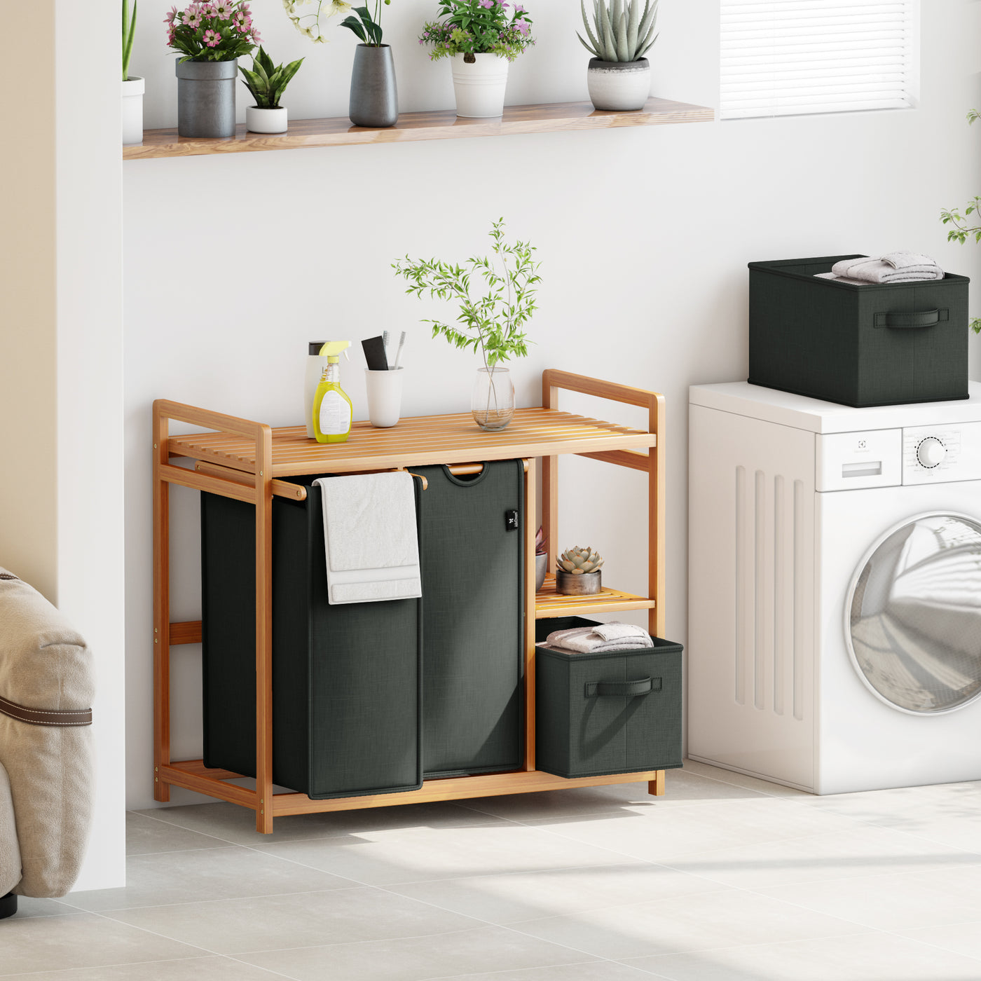 AdelDream Wäschekorb 4 Fächer Wäschesammler 140L Wäscheboxen Mit Korb Wäschesortierer mit 2 Wäschesäcken & 2 Stoffboxen mit Ablage Wäschesack Bambus Wäscheregal Wäschebox Laundry