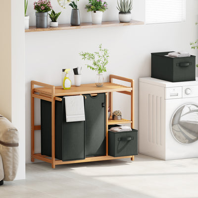 AdelDream Wäschekorb 4 Fächer Wäschesammler 140L Wäscheboxen Mit Korb Wäschesortierer mit 2 Wäschesäcken & 2 Stoffboxen mit Ablage Wäschesack Bambus Wäscheregal Wäschebox Laundry