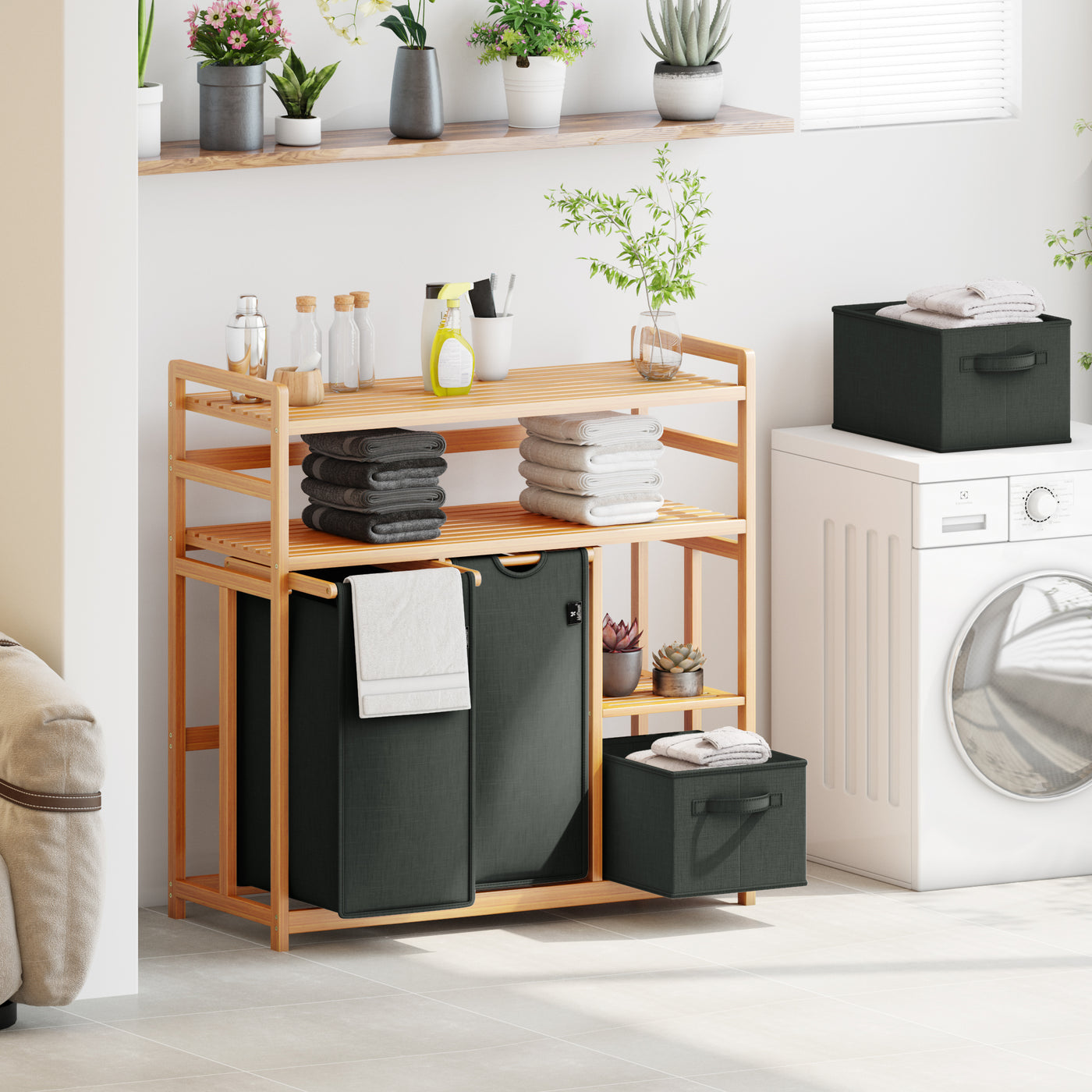 AdelDream Wäschekorb 4 Fächer 2 Regale Wäschesammler 140L Wäscheboxen Mit Korb Wäschesortierer mit 2 Wäschesäcken & 2 Stoffboxen Wäschesack Bambus Wäscheregal Wäschebox Laundry basket
