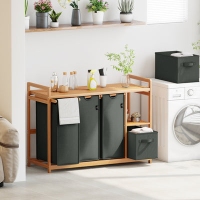 AdelDream Wäschekorb 5 Fächer Wäschesammler 190L Wäscheboxen Mit Korb Wäschesortierer mit 3 Wäschesäcken & 2 Stoffboxen mit Ablage Wäschesack Bambus Wäscheregal Wäschebox Laundry basket