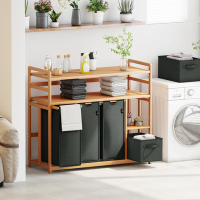 AdelDream Wäschekorb 5 Fächer 2 Regale Wäschesammler 190L Wäscheboxen Mit Korb Wäschesortierer mit 3 Wäschesäcken & 2 Stoffboxen Wäschesack Bambus Wäscheregal Wäschebox Laundry basket