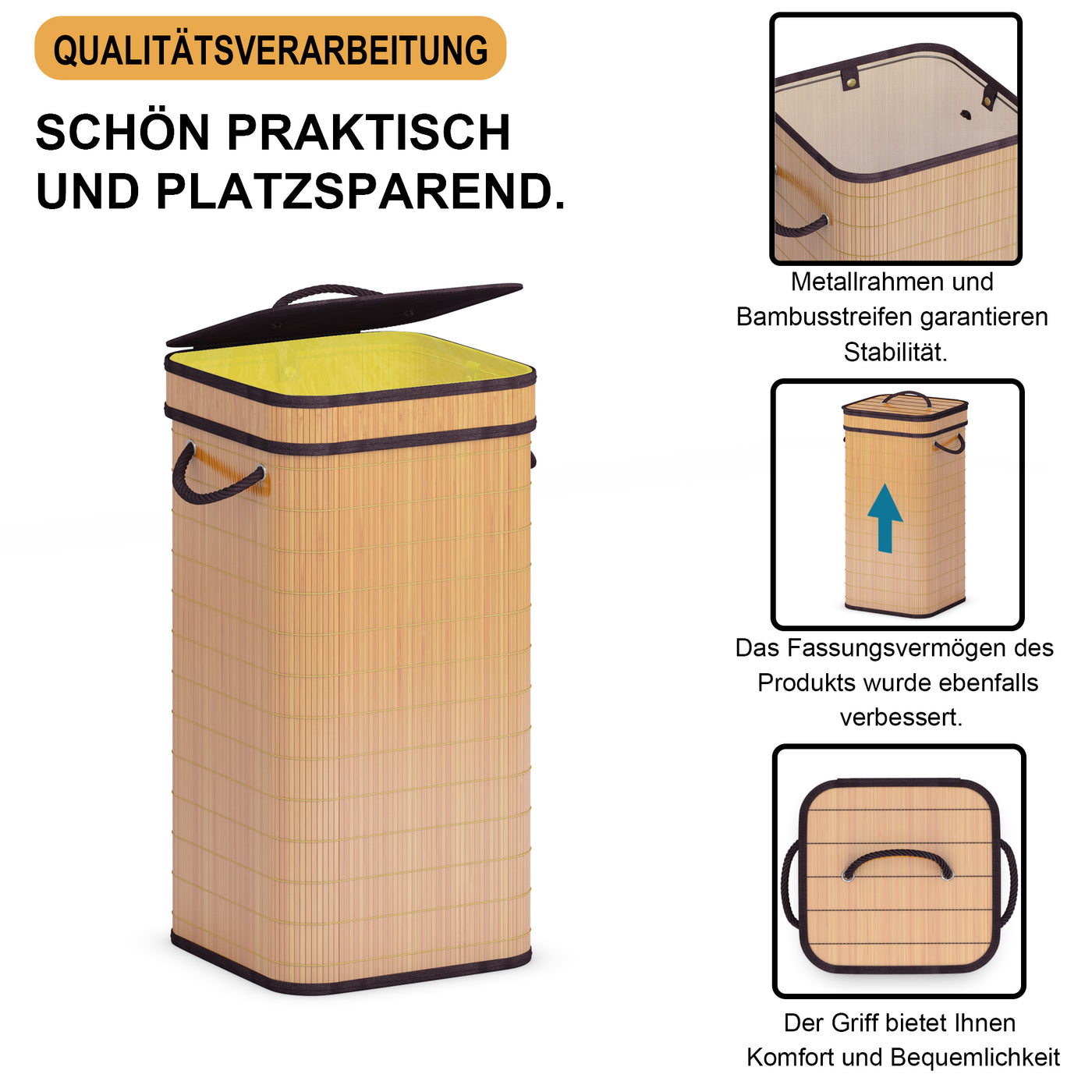 AdelDream Gelbe Sack Müllständer Sack Ständer,geruchsneutraler Mülleimer aus Holz für gelbe Säcke geruchsdichte Mülltonne ideal als gelber Sack Müllsackständer Mülleimer gelber Sack 80L Quadrat