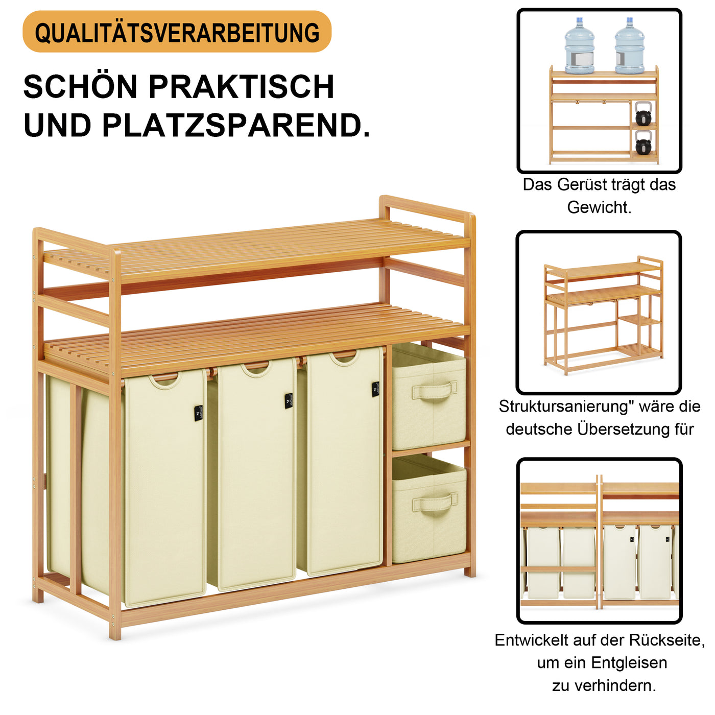 AdelDream Wäschekorb 5 Fächer 2 Regale Wäschesammler 190L Wäscheboxen Mit Korb Wäschesortierer mit 3 Wäschesäcken & 2 Stoffboxen Wäschesack Bambus Wäscheregal Wäschebox Laundry basket