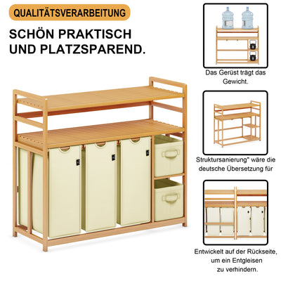 AdelDream Wäschekorb 5 Fächer 2 Regale Wäschesammler 190L Wäscheboxen Mit Korb Wäschesortierer mit 3 Wäschesäcken & 2 Stoffboxen Wäschesack Bambus Wäscheregal Wäschebox Laundry basket