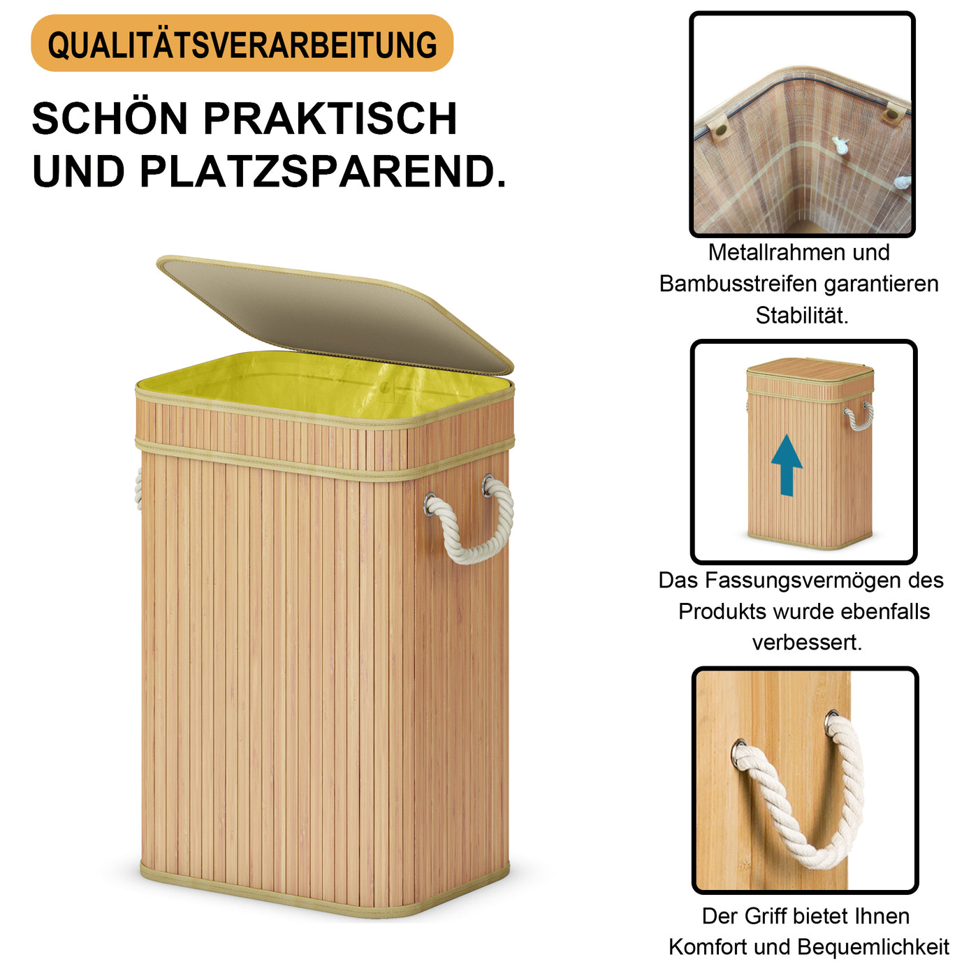 AdelDream Mülleimer Bambus-Müllsackhalter Der praktische Müllsackhalter für gelbe Tüten eignet Sich hervorragend für gelbe Müllbeutel Der stabile Mülleimer Quadratische Holzfarbe 74L