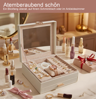 AdelDream 2-stöckig Schmuckkästchen Schmuckaufbewahrung mit ausziehbarem Tablett Schmuck Organizer mit großem Spiegel mit DIY-Struktur