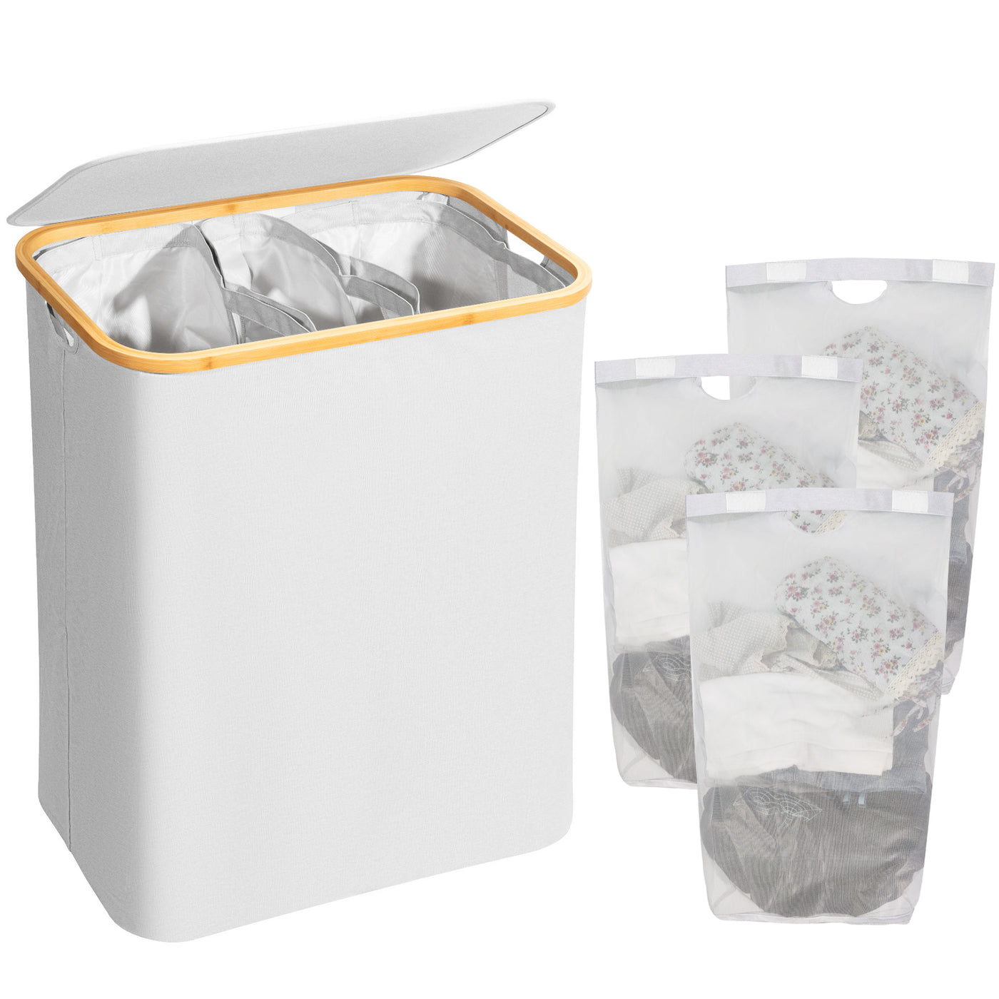 AdelDream 160L Wäschekorb mit 3 Fächern und Deckel