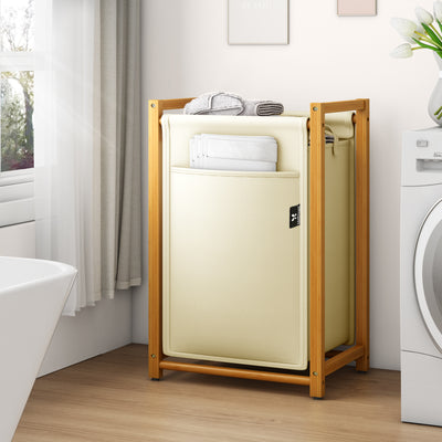 AdelDream Wäschekorb Bambus wäschesortierer Wäschewagen mit abnehmbaren Taschen Kleidersammler 80L Beige
