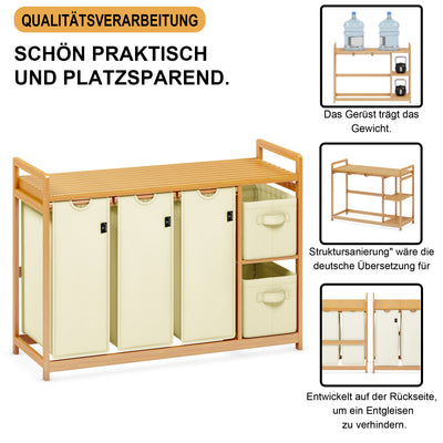 AdelDream Wäschekorb 5 Fächer Wäschesammler 190L Wäscheboxen Mit Korb Wäschesortierer mit 3 Wäschesäcken & 2 Stoffboxen mit Ablage Wäschesack Bambus Wäscheregal Wäschebox Laundry basket