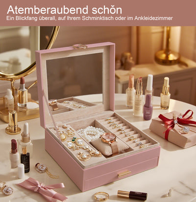 AdelDream 2-stöckig Schmuckkästchen Schmuckaufbewahrung mit ausziehbarem Tablett Schmuck Organizer mit großem Spiegel mit DIY-Struktur