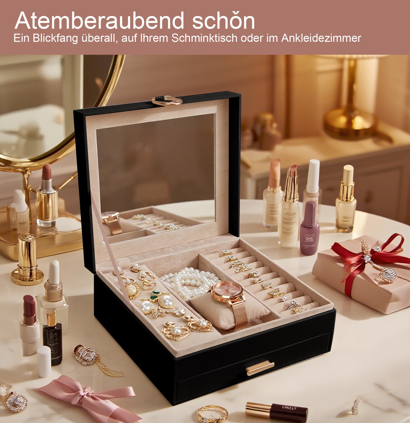 AdelDream 2-stöckig Schmuckkästchen Schmuckaufbewahrung mit ausziehbarem Tablett Schmuck Organizer mit großem Spiegel mit DIY-Struktur