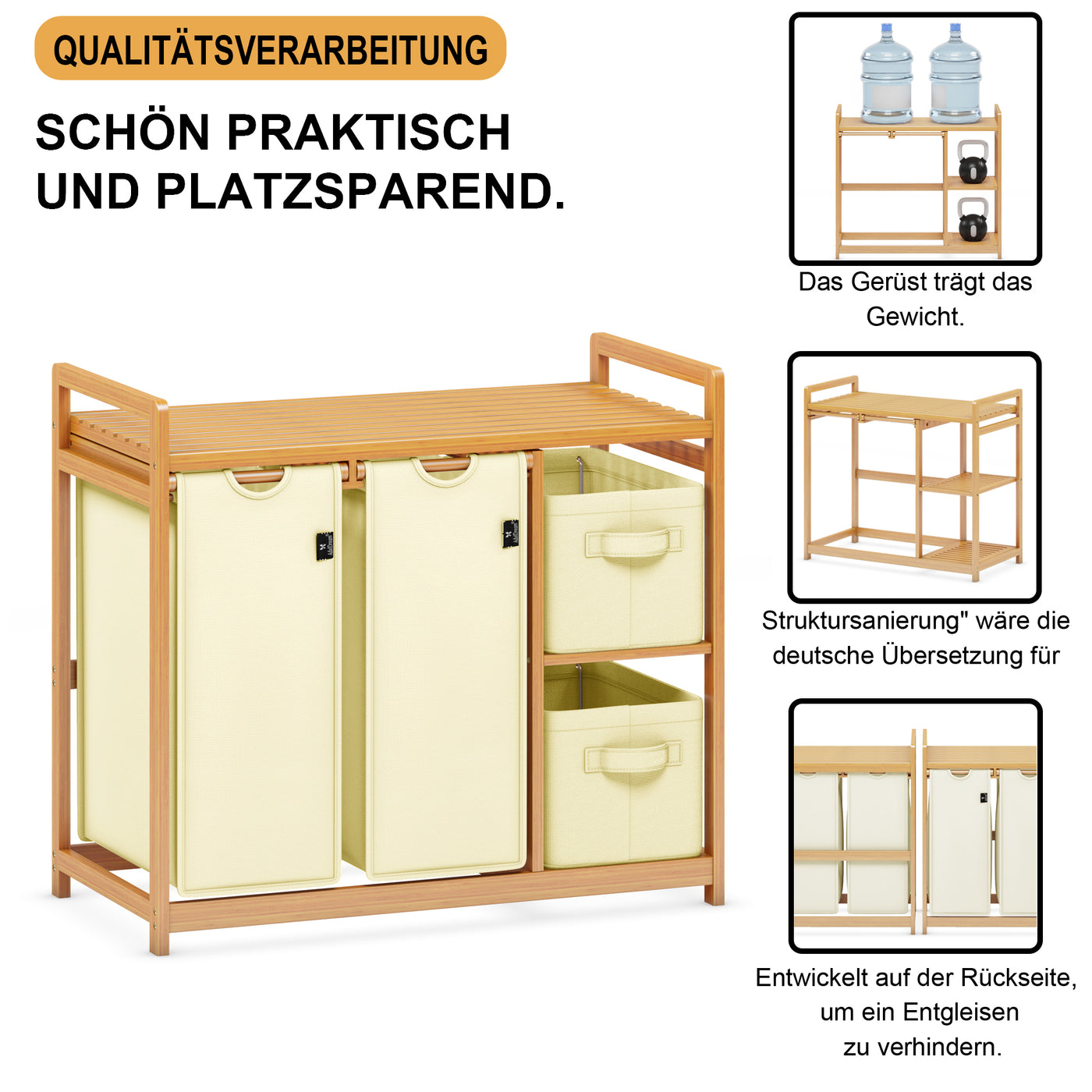 AdelDream Wäschekorb 4 Fächer Wäschesammler 140L Wäscheboxen Mit Korb Wäschesortierer mit 2 Wäschesäcken & 2 Stoffboxen mit Ablage Wäschesack Bambus Wäscheregal Wäschebox Laundry