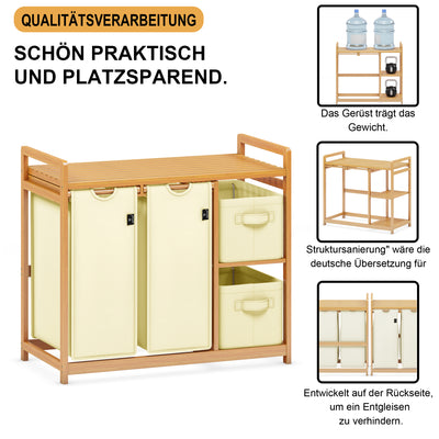 AdelDream Wäschekorb 4 Fächer Wäschesammler 140L Wäscheboxen Mit Korb Wäschesortierer mit 2 Wäschesäcken & 2 Stoffboxen mit Ablage Wäschesack Bambus Wäscheregal Wäschebox Laundry