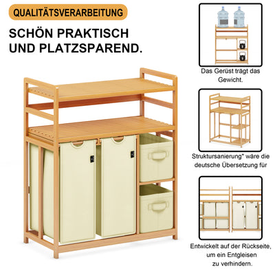 AdelDream Wäschekorb 4 Fächer 2 Regale Wäschesammler 140L Wäscheboxen Mit Korb Wäschesortierer mit 2 Wäschesäcken & 2 Stoffboxen Wäschesack Bambus Wäscheregal Wäschebox Laundry basket