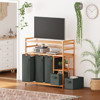 AdelDream Wäschekorb 5 Fächer 2 Regale Wäschesammler 190L Wäscheboxen Mit Korb Wäschesortierer mit 3 Wäschesäcken & 2 Stoffboxen Wäschesack Bambus Wäscheregal Wäschebox Laundry basket