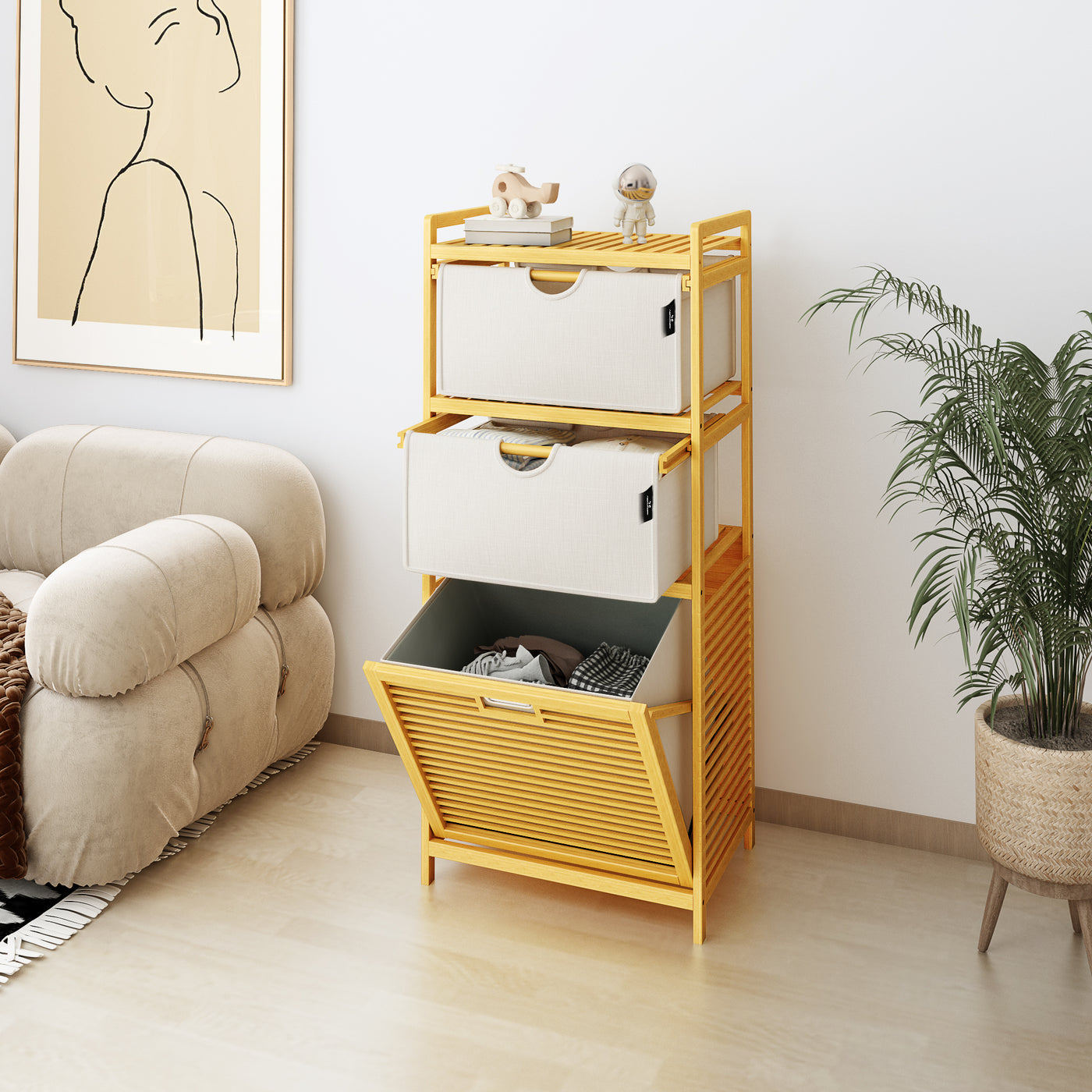 AdelDream Wäschekorb,Bambus,Wäschekörbe 3 Fächer