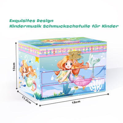 AdelDream Musik-Aufbewahrungsbox, drehbare Meerjungfrau,(5-teiliges Schmuckset) Muschel-Halskette, Armband, Ring und Ohrringe, Musik-Schmuckkästchen, Kindergeschenk