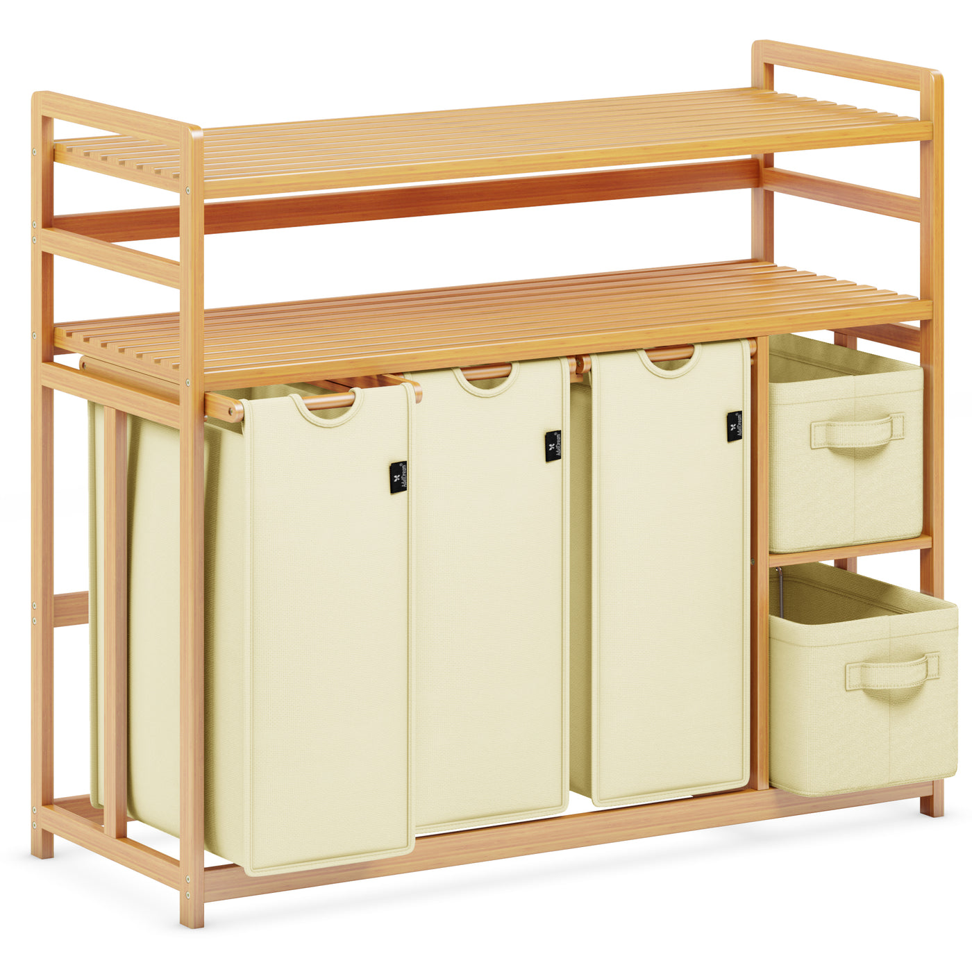 AdelDream Wäschekorb 5 Fächer 2 Regale Wäschesammler 190L Wäscheboxen Mit Korb Wäschesortierer mit 3 Wäschesäcken & 2 Stoffboxen Wäschesack Bambus Wäscheregal Wäschebox Laundry basket