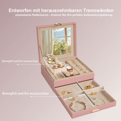AdelDream 2-stöckig Schmuckkästchen Schmuckaufbewahrung mit ausziehbarem Tablett Schmuck Organizer mit großem Spiegel mit DIY-Struktur