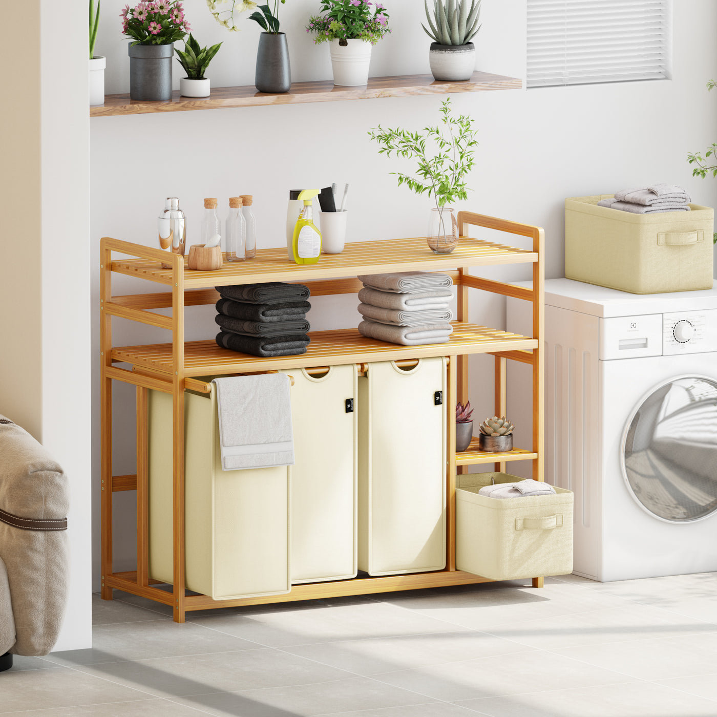AdelDream Wäschekorb 5 Fächer 2 Regale Wäschesammler 190L Wäscheboxen Mit Korb Wäschesortierer mit 3 Wäschesäcken & 2 Stoffboxen Wäschesack Bambus Wäscheregal Wäschebox Laundry basket