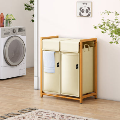 AdelDream Wäschekorb Kleidersortierer 2 Fächer Wäschewagen mit abnehmbaren Taschen Kleidersammler Bambus 100L