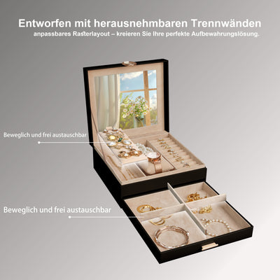 AdelDream 2-stöckig Schmuckkästchen Schmuckaufbewahrung mit ausziehbarem Tablett Schmuck Organizer mit großem Spiegel mit DIY-Struktur