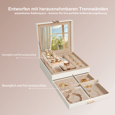 AdelDream 2-stöckig Schmuckkästchen Schmuckaufbewahrung mit ausziehbarem Tablett Schmuck Organizer mit großem Spiegel mit DIY-Struktur
