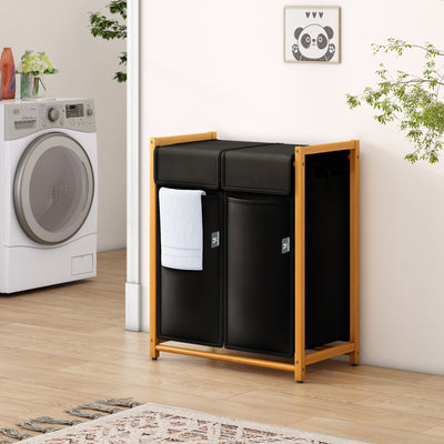 AdelDream Wäschekorb Kleidersortierer 2 Fächer Wäschewagen mit abnehmbaren Taschen Kleidersammler Bambus 100L